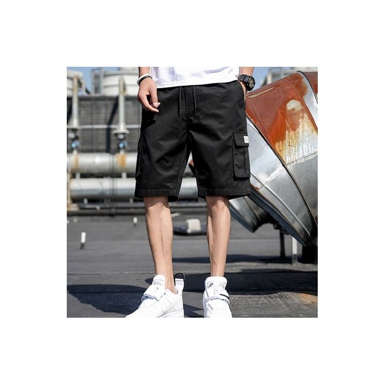 Mode Homme Pantalons Culottes Shorts en Coton pour Homme Bermuda Multi Poches Vetement d Ete Noir